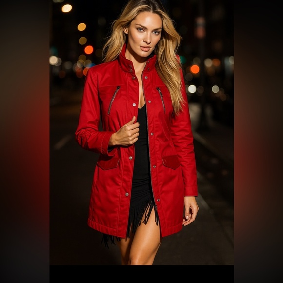 Samantha Sipos Red Leather Trim Coat Small NWT Stand Collar Zip Pockets Luxe - Picture 1 of 7